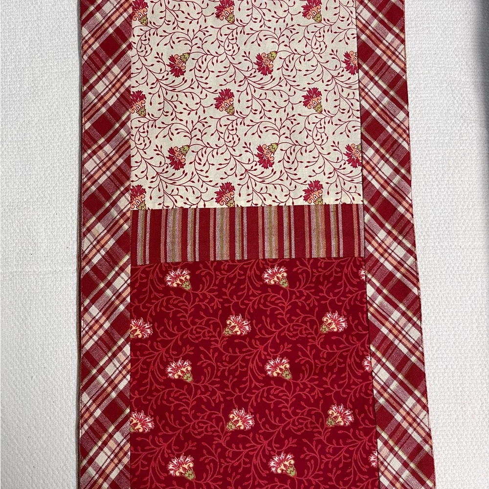 Red and Cream Patterned Table Runner Plaid Floral 59” x 13”
